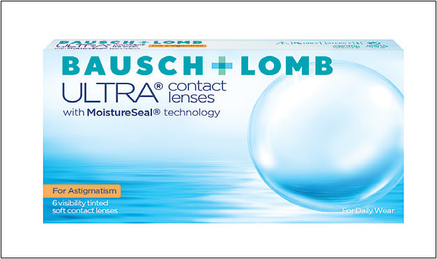 B+L Ultra for Astigmatism contact lenses include MoistureSeal technology and OpticAlign design.