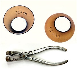 Figure 2. The Feinbloom “crimper” for modifying the plastic haptic of the “hybrid” glass/plastic scleral lenses. Image (B) provided by the Dr. William Feinbloom family.