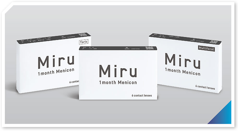 The Miru 1month Menicon family of lenses in sphere, toric, and multifocal designs.