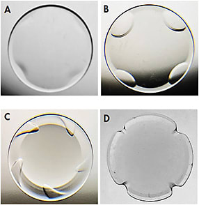 Figure 1. (A) The Stimson Keraform lens design; (B) the Vent Air design; (C) the Spiro Vent lens design; and (D) the Astrocon lens design.