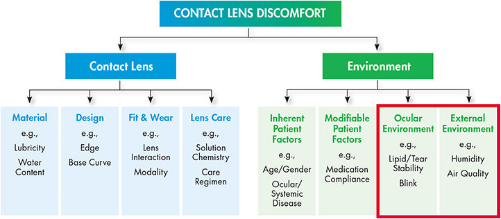 Figure 1. The TFOS Contact Lens Discomfort Workshop Classification.3 The red box highlights two major environmental factors related to digital eye strain that can impact contact lens comfort.