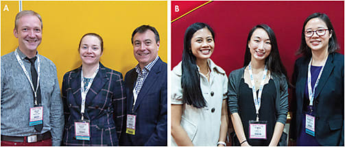 Figure 3. (A) Scientific Category Poster winners (left to right): Frank Spors, Lacey Haines, and Lyndon Jones. (B) Clinical Category Poster winners (left to right): Melanie Frogozo, Carol Yu, and Florencia Yeh.