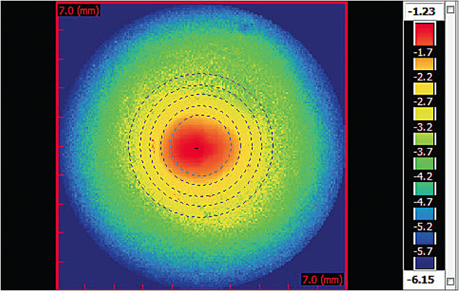 Figure 1. Center-near aspheric design. The red area is the most plus (the add power), and the power becomes more minus as it moves out into the periphery of the optic zone. This lens is labeled as a –3.00D distance power with a high add power.