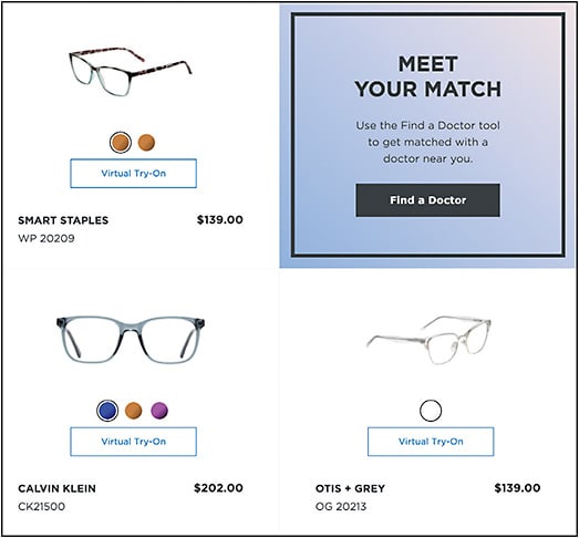 While browsing eyewear results, Eyeconic.com encourages shoppers to connect with a doctor, reinforcing the importance of up-to-date prescriptions.