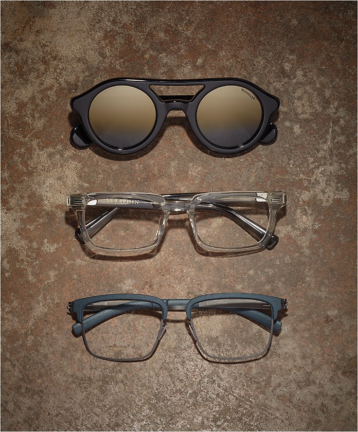 FULL THROTTLE (from top):
Moncler style ML0014/S from Marcolin is a lustrous double-bridge sunglass featuring an embossed metal logo on the temples.
Seraphin vintage-inspired model Cumberland from Ogi Eyewear is crafted and polished by hand, complete with five-barrel hinges.
ic! berlin model Downtown reigns from the brand’s urban collection of 3D-printed plotic optical and sun styles.