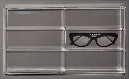 5 ACRYLIC FRAME TRAY: To ensure each frame is disinfected between try-ons, patients should no longer be helping themselves to the frame boards. Clear acrylic frame trays beautifully showcase glasses for patients to view and try on. They can be easily cleaned and are stackable for storage when not in use. Pictured: frame display acrylic tray from framedisplays.com.