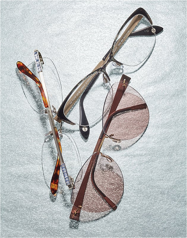 ON YOUR MARK
(From left) Vera Wang Luxe model Rhea in gold from Kenmark—oval cat-eye rimless with Swarovski crystals inset on temples. FYSH UK 3568 in color 684 from WestGroupe—metal cat-eye semi-rimless with urban-inspired print. LINDBERG Spirit Titanium model 2265—rimless sunglass with bold, flat copper-colored temples and gripping temple ends.