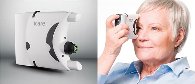 Figure 1. The Icare Home Tonometer (left) and demonstration of a patient using the Icare Home Tonometer (right). Images courtesy of Icare