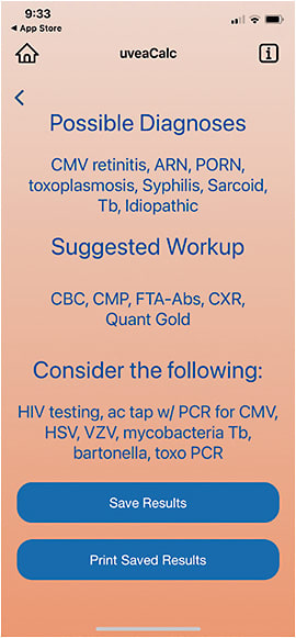 FIGURE 4: When all information is entered, the app presents possible diagnoses and suggests appropriate tests. IMAGE COURTESY MOISES ENGHELBERG, DO