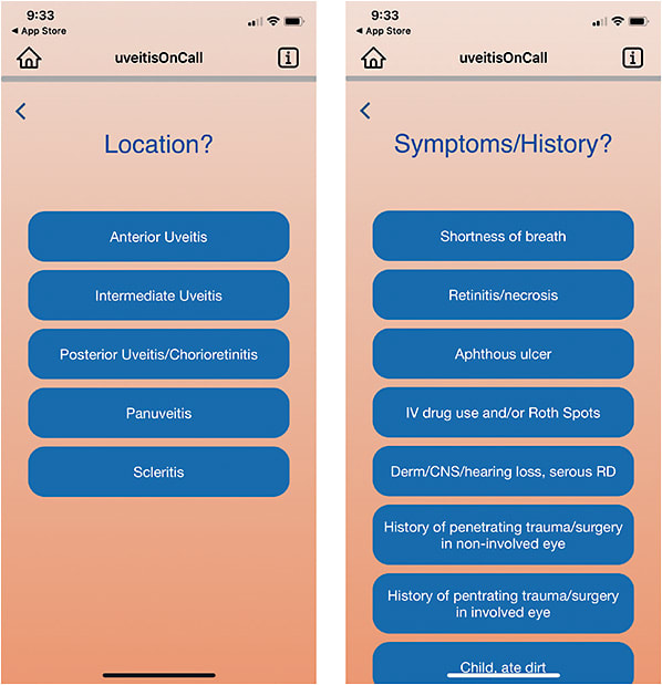 FIGURE 3: Once the location of uveitis is entered, medical providers can select from a list of relevant symptoms to help reach a diagnosis. IMAGE COURTESY MOISES ENGHELBERG, DO