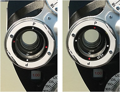 Figure 1. Left: White dot setting: -0.25 +0.50 X 80. Right: Red dot setting: +0.25 -0.50 X 80.