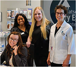 The team at the Watson Dry Eye Center takes pride in providing exceptional care to dry eye patients. Pictured are: Samantha Kwiatkowski, patient advisor (seated), Sheena Thomas, CPO, ophthalmic technician (left standing), Christa Sorlin-Davis, COA, ophthalmic technician (center), and Susan Watson, MD.