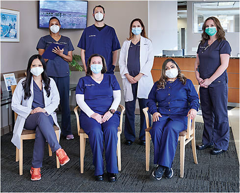 At See Clearly Vision Group, standing from left: Dawn L. Williams, OD, optometric director; Bryan Ross, COE, OCS, administrator; Katherine O. McCabe, MD, clinical director; and Irina Price, COA, lead ophthalmic technician. Seated from left: Christine A. Tagayun, MD, medical director; Audrey Carr, operations manager; and Kat Sarker, office manager.