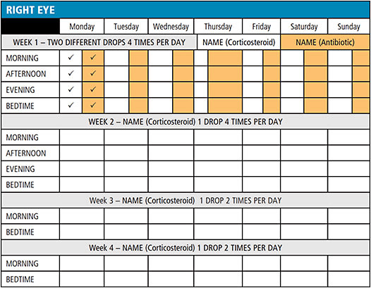 Figure 1. An example chart shows days of the week, medication names, and dosing. This can easily be customized to every practice and surgeon’s post op regimen preferences.