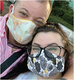 Left: Ms. Shreve with her husband, Lukas. Both are wearing masks that they created.IMAGES COURTESY HEATHER SHREVE, OSC