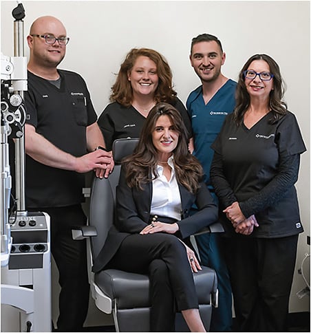 Linda Rose, MD, PhD (front, center), with her team. Left to right: Darin Campbell, COA, Jazel Farrell, COA, Matthew Necaise, and Marianne Sloan, MBA.