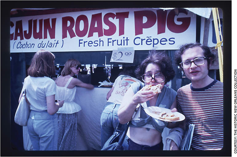 Today, Jazz Fest takes up two long weekends in late April and May. Images on page 50 and here: Revelers during the 1978 event, indulging their other senses.