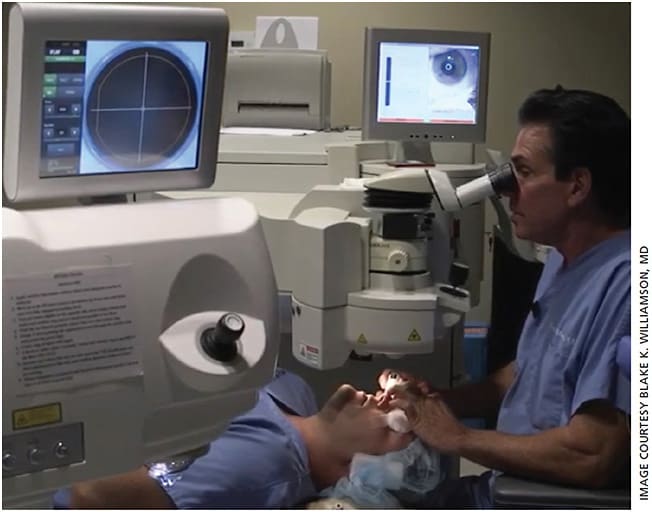 Blake Williamson, MD, underwent LASIK, which was performed by his father, Charles Williamson, MD (right). The procedure was streamed live on Williamson Eye Center’s Facebook page, and the video has more than 5,000 views (performed on the Visx Star S4 IR Excimer Laser [J&amp;J Vision]).