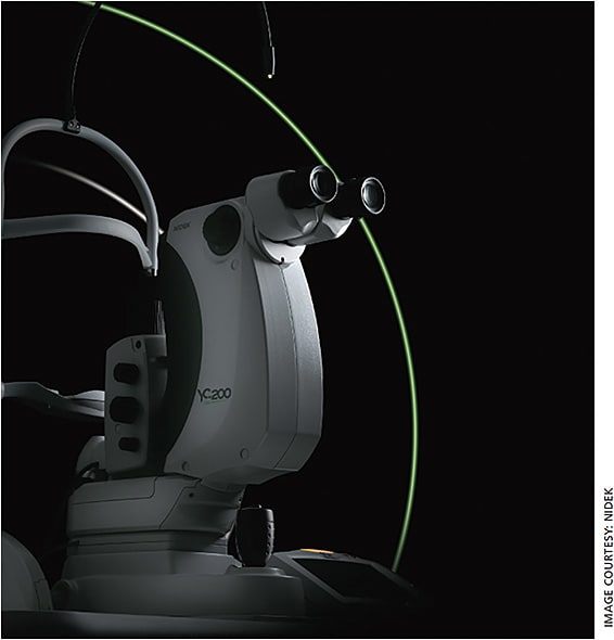 The dimensions of the Nidek YC-200 Ophthalmic YAG Laser System are 13.6 (W) x 16.6 (D) x 22.7 (H).