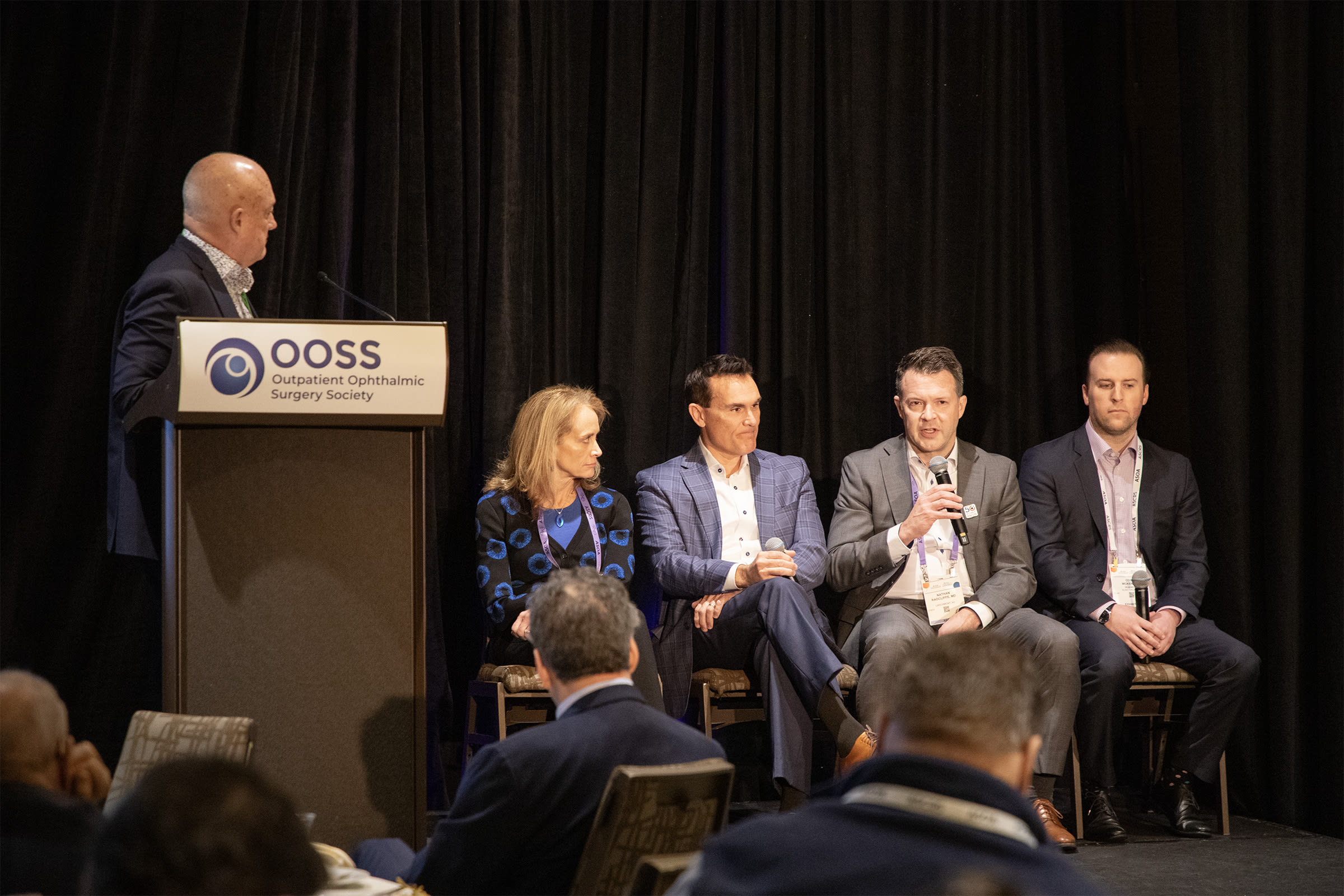 Dr. Nathan Radcliffe (second from right) speaks during a panel discussion on Innovation in Glaucoma at the Perspective 2024 luncheon hosted by the Outpatient Ophthalmic Surgery Society. Other members of the panel included (left to right) moderator Bill Rabourn, Dr. Cathleen McCabe, Frank Shields, and Cody McKenzie.