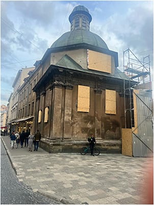 Boarded-up buildings to protect against air-raid damage in Lviv. Image courtesy: Emil William Chynn, MD, FACS, MBA