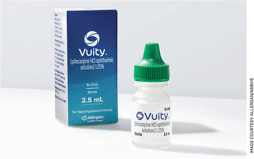 VUITY comes in a 5 mL bottle with a dark green cap and contains 2.5 mL of medication.