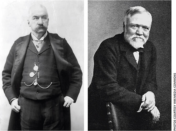 J.P. Morgan’s (L) 1901 acquisition of Carnegie Steel Company from Andrew Carnegie (R) and Henry Phipps for $480 million is considered the first true major buyout.