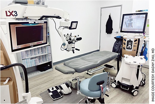 My office-based OR. Shown here are LuxOR microscope (Alcon) and Centurion Vision System for phaco (Alcon).