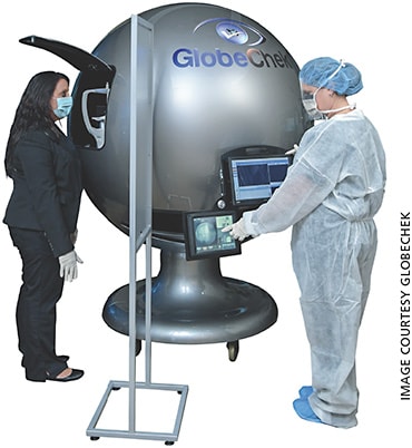 A GlobeChek kiosk, manned by a technician.