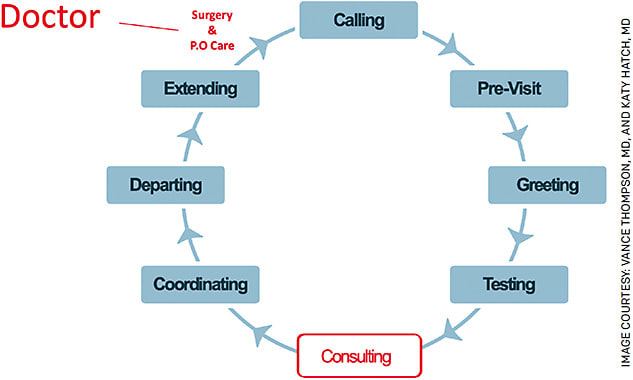 FIGURE. The doctor (red) and the team (blue) roles in “The Premium IOL Patient Experience Cycle”