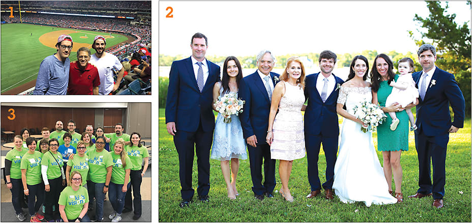 1: Dr. Kirschen and sons at a baseball game.  2: Dr. Barker and family celebrating his youngest son’s wedding.
3: Ms. Schuy during an Essilor Foundation event.