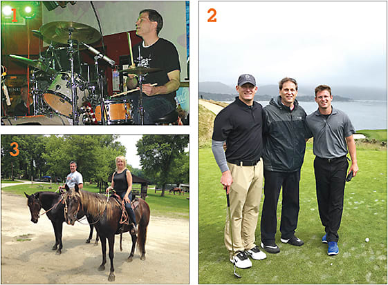 1: Dr. Curtis jamming. 2: Dr. Curtis golfing with his sons in Pebble Beach, Calif. 3: Dr. Montecalvo doing one of her favorite activities.