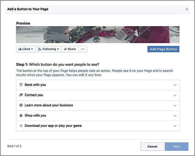 Facebook offers multiple options for the page button. Choose one that is consistent with your marketing goal.