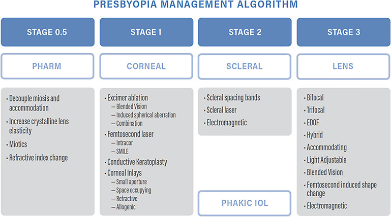 Figure 1. Present and future presbyopia management algorithm. Different present and future treatment options may be recommended in a multi-factorial decision making process depending on the stage of DLS, age, refractive error, and vitreous status.