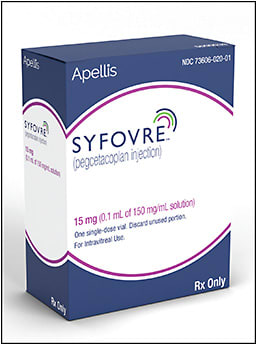 Syfovre (pegcetacoplan injection) packaging. Image courtesy of Apellis Pharmaceuticals