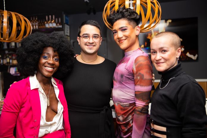 Tẹmídayọ Amay, George Strus, Justin David Sullivan, and Bobby _Pocket_ Horner at BREAKING THE BINARY THEATRE's 2023 Kick-Off Party - Photo by Joseph O'Malley