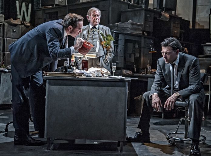 The Almeida Theatre production of 'Ink' with Bertie Carvel as Rupert Murdoch, Geoffrey Freshwater as Sir Alick McKay and Richard Coyle as Larry Lamb. (Photo by John Snelling/Getty Images)