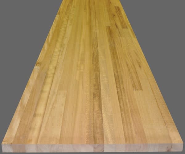 1 1/2" thick Iroko premium wide plank island top. Natural color with Marine Oil Finish and an ogee-a edge.
