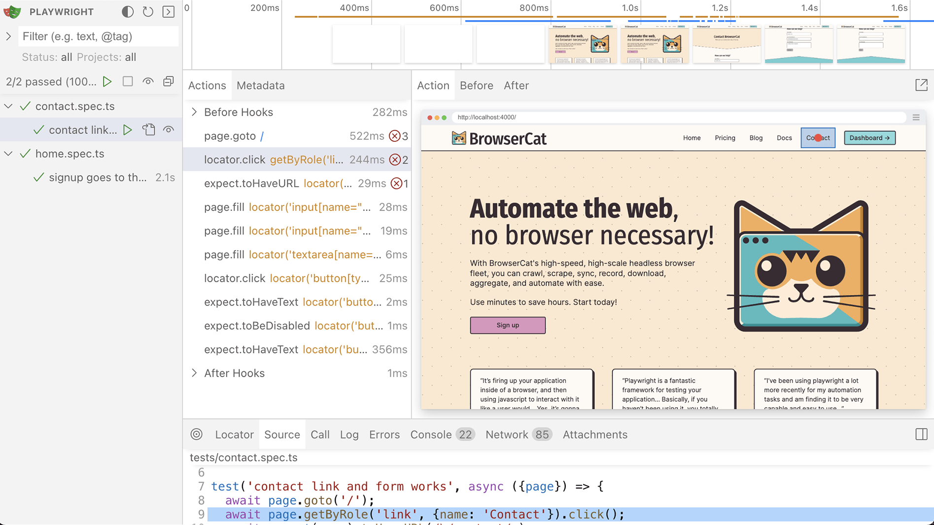 Playwright Test UI works with BrowserCat