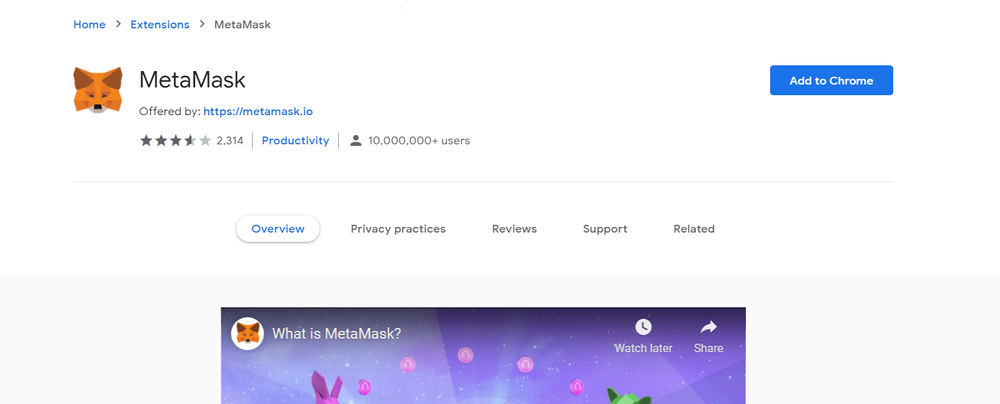 Metamask chrome extension page