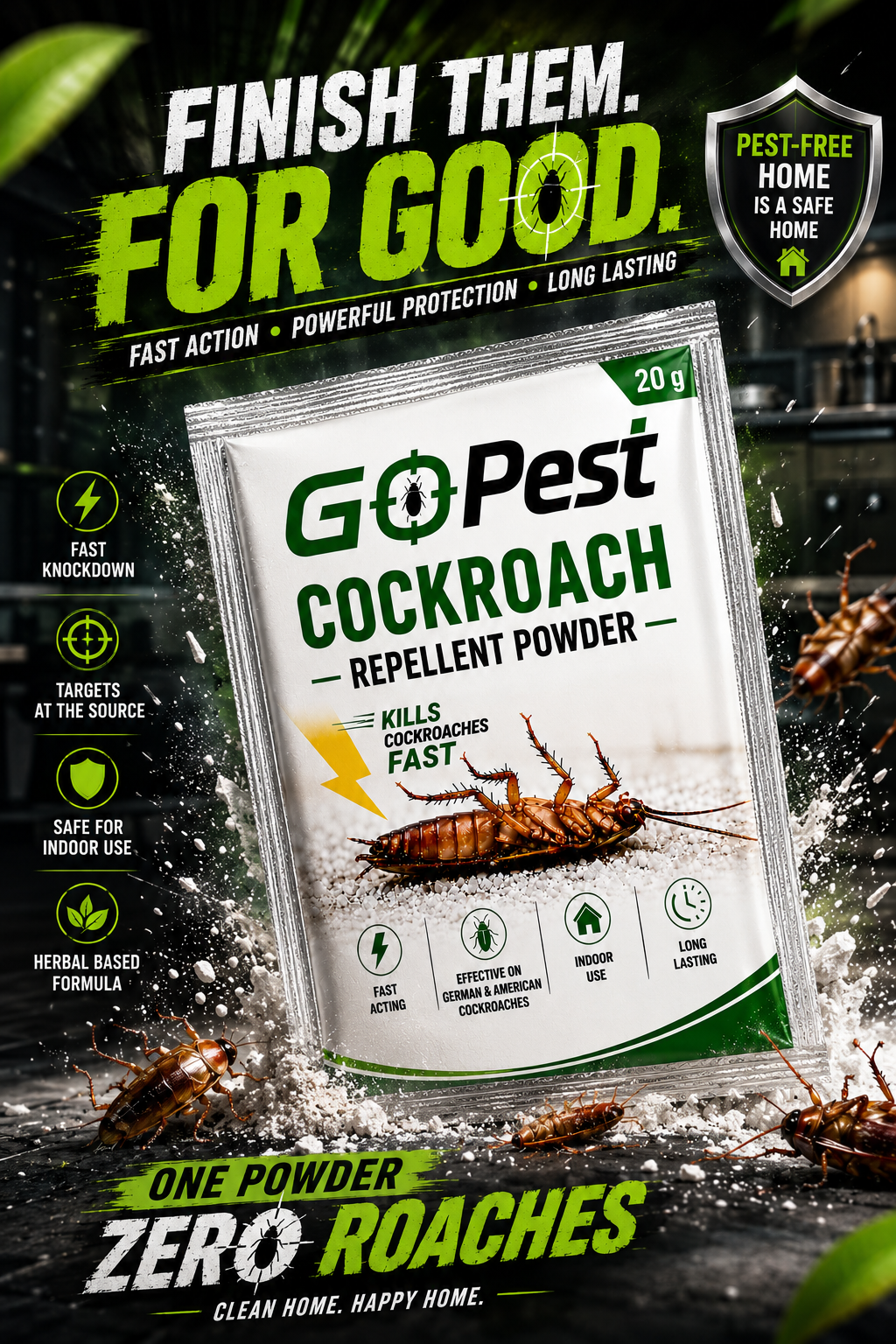 GoPest Cockroach Repellent Powder 20g – Fast Acting Cockroach Killer for Home & Kitchen