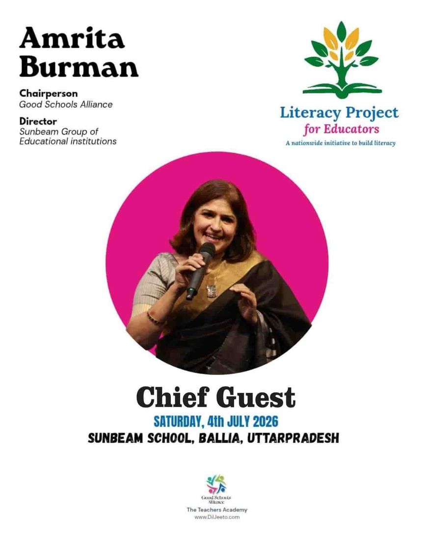 Sunbeam School Ballia's published notice poster — the Literacy Project for Educators, announcing Mrs. Amrita Burman as chief guest