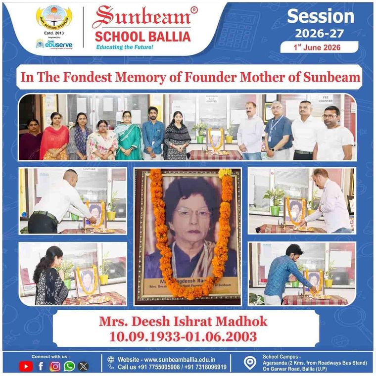 Sunbeam School Ballia's published notice poster — a remembrance of Mrs. Deesh Ishrat Madhok, founder mother of Sunbeam