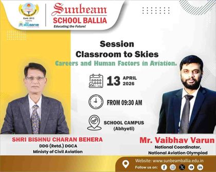 Sunbeam School Ballia's published notice poster — the session Classroom to Skies, on careers and human factors in aviation