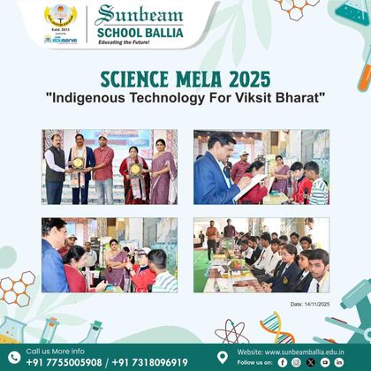 Sunbeam School Ballia's published notice poster — Science Mela 2025, on indigenous technology for Viksit Bharat