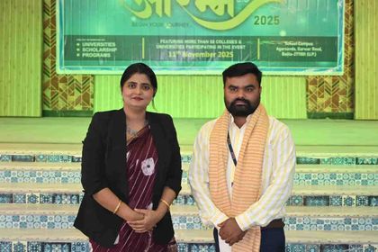 A photograph published by Sunbeam School Ballia of the event backdrop reading “Begin your journey”, featuring more than 50 colleges and universities