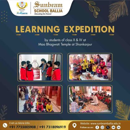 Sunbeam School Ballia's published notice poster — a learning expedition by Classes II and IV to Maa Bhagwati Temple at Shankarpur