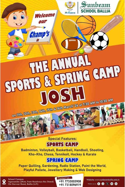 Sunbeam School Ballia's published notice poster — JOSH, the annual sports and spring camp