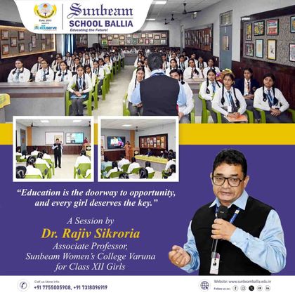 Sunbeam School Ballia's published notice poster — a session for Class XII girls by Dr. Rajiv Sikroria