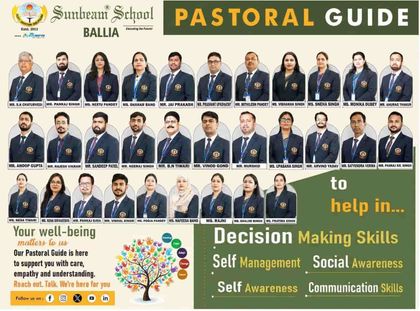 Sunbeam School Ballia's published notice poster — the Pastoral Guide, showing the staff members available to support students